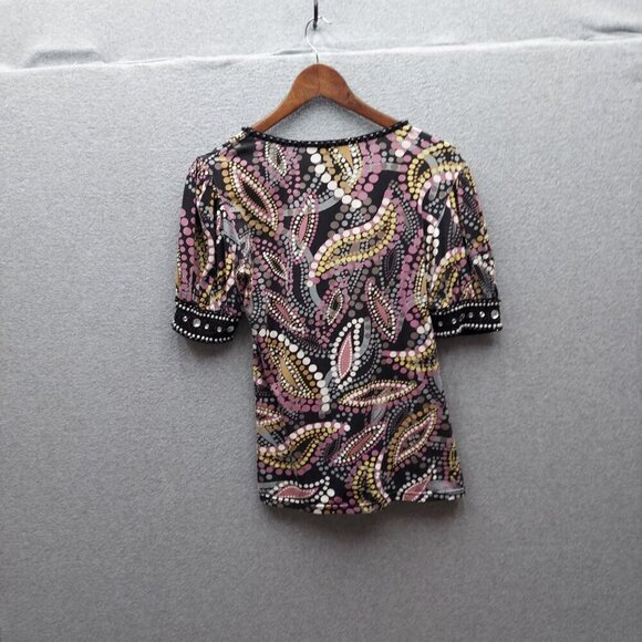 Joyous & Free Womens Printed Top With Beaded Cuffs Size M 90% Cotton 10% Spandex - Picture 6 of 6